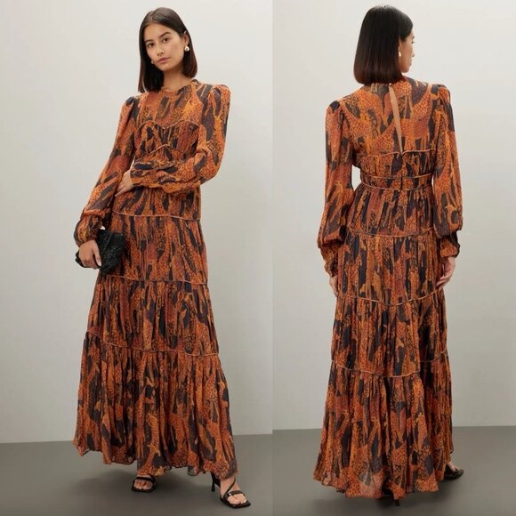 FARM Rio Dresses & Skirts - FARM Rio Giraffes Puff Sleeve Maxi Dress Black Brown Orange Chiffon Long Sleeve